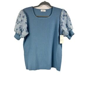 Sapphire Blue Top S 3D Floral Rose Sleeve Coquette Balletcore Ribbed Knit NWT